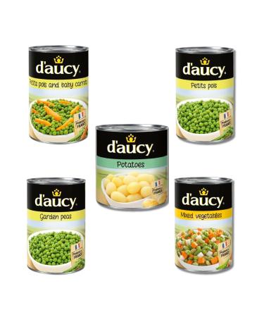 D'Aucy Peas Tinned Pick N Mix - Choose From 4 Flavours | Garden-Peas Mixed Vegetables Petits Petits-Pois & Baby Carrots Potatoes - Pack of 5 X 400g