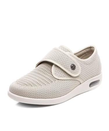 KENRET Women's Wide Width Diabetic Shoes Mesh Breathable Walking Sneakers Non-Slip Lightweight Adjustable for Elderly Swollen Feet Beige 39
