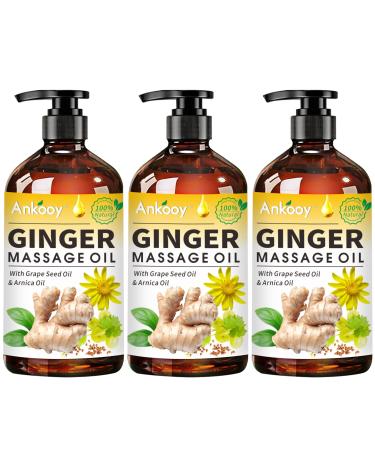 3 Pack Ginger Oil,Ginger Massage Oil with Arnica Oil,Vitamin E Oil and Grape Seed Oil,Ginger Oil for Lymphatic Drainage,100% Natural Massage Oil Ginger Essential Oil for Warming and Relaxing