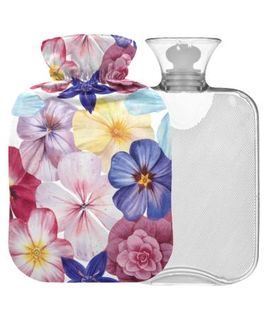 NAANLE hot water bottle with lid watercolor flowers transparent hot water bottle 1 l for hand feet warmer pain relief heat and cold therapy