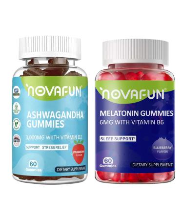Novafun Ashwagandha Gummies & Melatonin Gummies Bundle 2-Pack - Daytime Stress Relief & Nighttime Deep Sleep Support for Adults
