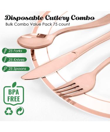 FOCUSLINE 75 Pack Rose Gold Plastic Silverware Disposable Cutlery Set - Heavy Duty Utensils for Catering, Parties, Weddings - Buy Online on GoSupps.com