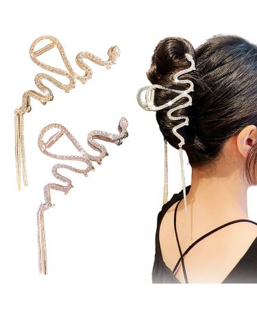 Metal Claw Clip with Glitter Tassel Vintage  Snake Hair Clip  Rhinestone Hair Claw Clip  Hair Accessories for Women  Gold and Silver Claw Clip - 2Pcs