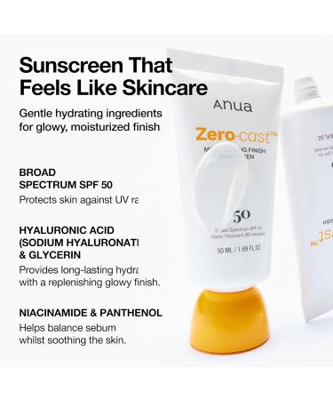 Anua Zero-Cast Moisturizing Finish Sunscreen SPF 50 Glow Natural Sunscreen No White Cast Hyaluronic Acid Niacinamide Sun Block For face Oil-Free Oxybenzone Free Travel Essential (50ml/1.69fl.oz) Original - Buy Online on GoSupps.com