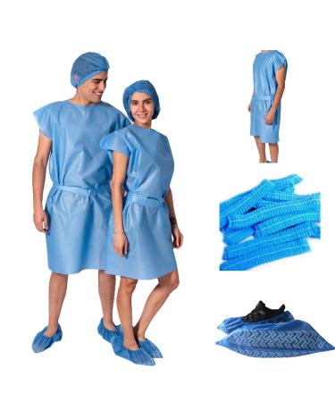 REA COMPANY Patient Gowns Combo 5 Disposable Isolation Gowns + 10 Shoe Covers + 5 Bouffant Caps Medical Gowns American Company Mammogram Gown Lab Gowns Hospital Gowns for Women and Men PPE