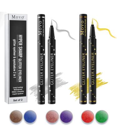 New-Tech Colorful Glitter Liquid Eyeliner & Eyeshadow 2 in 1 – Set of 2 Colors Soft and Hyper Sharp Tip Brush Molds Liquid Eyeliner, Lasting Waterproof Glides Smoothly Eyeliner (Gold & Silver)