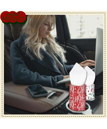 HUNKEN Christmas Round Car Tissue Holder - Festive Bulk Facial Tissues Holiday Decor for Cup Holders - Set of 4 Decorative Cylinders (Snowflakes Ho Ho Ho Candy Cane Stripes Holiday Icons) 4 Pcs - Buy Online on GoSupps.com