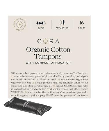 Cora Organic Applicator Tampons | Super Absorbency | 100% Cotton Core, Unscented, BPA-Free Compact Applicator | Leak Protection, Easy Insertion and Removal | Non-Toxic | Packaging May Vary (16 Count)