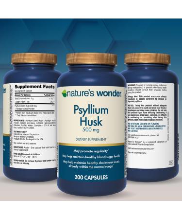Nature's Wonder Psyllium Husk 500 mg Capsules for Digestive Health Plant-Based Fiber 200 Count - Buy Online on GoSupps.com