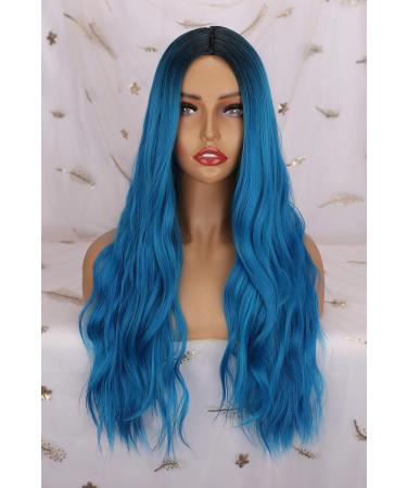 Colorfulpanda Long Blue Ombre Wavy Wig for Women - 26 Inches, Heat Resistant Synthetic Hair with Dark Roots - Perfect Pastel Curly Style - Buy Online on GoSupps.com