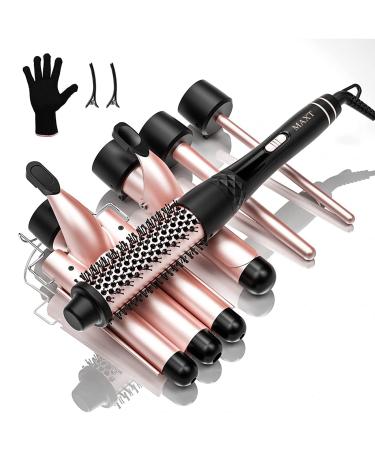 Beach Wave Curling Iron Wand, 8 in 1 Hair Waver 3 Barrel Curling Iron Set for Long Short Soft Hard Hair, 30s Heat-up 5 Ceramic Hair Wand Curling Iron (0.3-1.25) with 2 Temps 60min Auto Off Rosa Gold