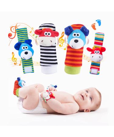 Kotty Baby Wrist Rattles Foot Finder Toys Set, Toddler Rattle Sock, Arm Hand Bracelet, Feet Leg Ankle Socks, Gift for Newborn Infant Babies Boy Girl Bebe(Dog & Cow)