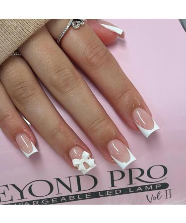 White French Tip Press on Nails Square Medium Fake Nails with Bow Design Nude Stick on Nails Coffin Nail Tips Full Cover Acrylic Nails French False Nails for Women Girls Daily Wear Nail Decor 24Pcs Bow Fake Nails-12