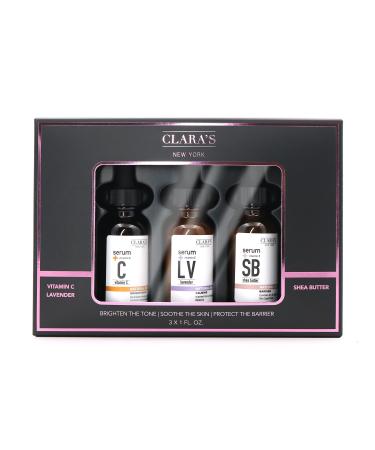 Clara's New York Brighten the Tone Soothe the Skin Protect the Barrier Three Full Size Serums in Vitamin C Lavender and Shea Butter Gif Set 3x 30ml