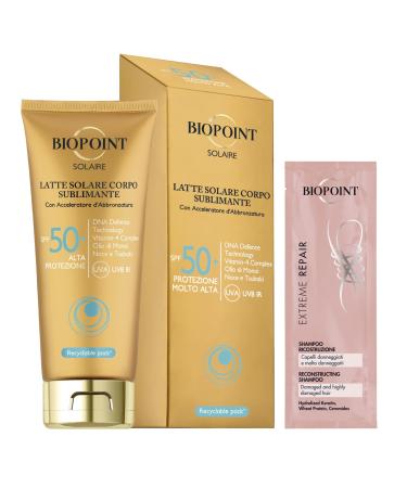 BIOPOINT Biopoint Solaire Sublimating Sun Lotion SPF 50+ with Tanning Accelerator Antioxidant and Moisturizing Action 200 ml with Champion Extreme Repair Shampoo 10 ml