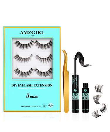 Cluster Lashes Kit ALASH with 5 pairs EyeLash Clusters Wispy Lash Bond and Seal Lash Clusters Golden Tweezer at Home Lash Extensions Kits for Beginner(6D 01 D-Mix Kit)