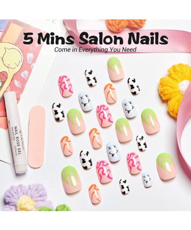Pink Oval Press-On Nails with Cow Print Design | 24pcs Medium Round Acrylic False Nail Tips Set - Buy Online on GoSupps.com