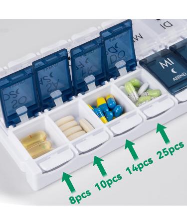 Mericargo 7-Day Pill Organizer - Portable 2-Compartment Pill Box for Vitamins & Fish Oil - Easy Push Button Blue & White - Buy Online on GoSupps.com