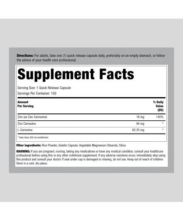Zinc Carnosine 84mg Supplement - 150 Capsules, Non-GMO & Gluten Free - Piping Rock - Buy Online on GoSupps.com
