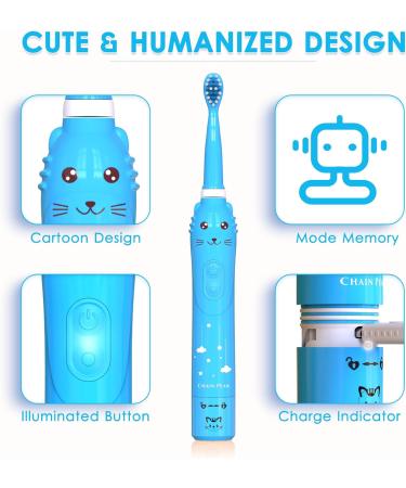 Kids Sonic Electric Toothbrush Rechargeable - Ages 3-12 | 30s Reminder, 2 Mins Timer, 6 Modes, 6 Brush Heads, Wall-Mounted Holder - Blue - Buy Online on GoSupps.com