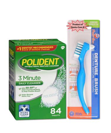 Dentu-Care & Polident 84 Tablets bundle with Dentu-Care Denture Brush for Maintaining Good Oral Care for Full Partial Dentures