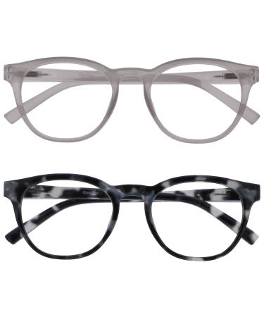 OPULIZE Blu - Reading Glasses Blue Light Filter 2 Pack Cool Round Frame Spring Hinges Improve Sleep Computer Gaming Anti-Reflective Men Women BB5-13 +1.50 Diopters Ice / Grey Black Tortoise