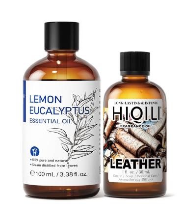 HIQILI 100ML Lemon Eucalyptus Essential Oil & 30ML Leather Fragrance Oil for DIY Diffuser