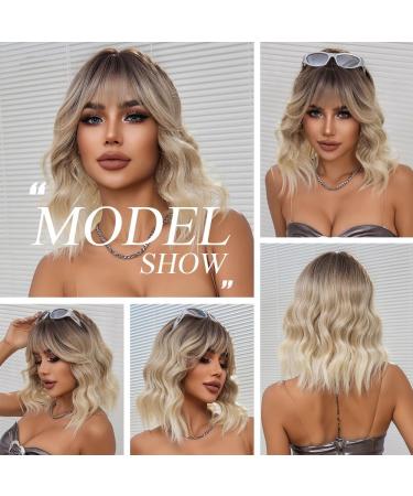 OUFEI Ombre Blonde Short Wavy Wig with Bangs - Heat Resistant Synthetic Hair for Daily Wear and Cosplay - Buy Online on GoSupps.com