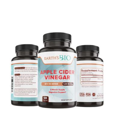 EARTH'S BIO : Apple Cider Vinegar with Mother Supports Healthy Weight Loss Digestion Support Diet Immunne System - 1600 MG 120 Vegan Capsule 2 Month Supply
