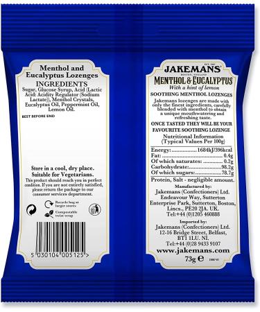 Jakeman's Menthol & Eucalyptus Lozenges - Soothing 73g Herbal Throat Lozenges - Buy Online on GoSupps.com