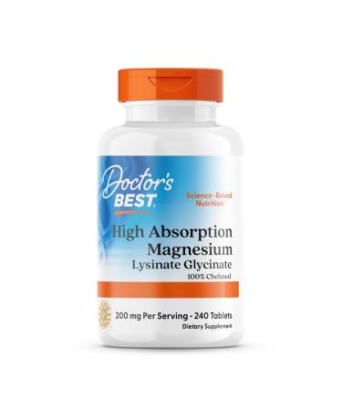 Doctor's Best High Absorption Magnesium 100% Chelated with TRAACS with Glycine and Lysine 240 Vegan Tablets Lab Tested Soy Free Gluten Free Non-GMO
