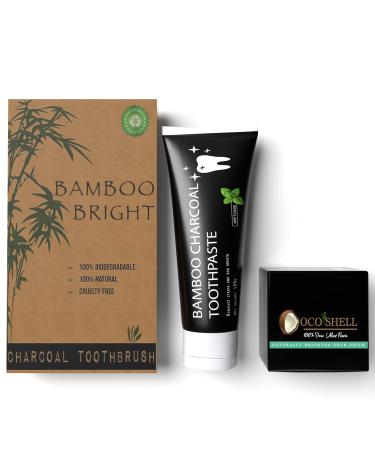 Charcoal Teeth Whitener Kit - Activated - Coconut Powder -Bamboo Toothbrushes Biodegradable Plus Toothpaste