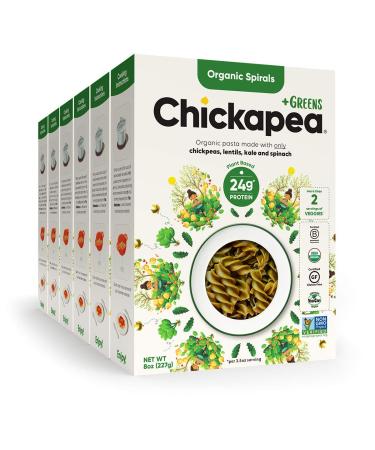 Chickpea Pasta with Greens, High Protein Organic Spirals by Chickapea, Lentil, Kale and Spinach Pasta, Gluten Free, Plant Based, Non GMO, Lower Carb, Vegan Pasta, 8 oz (Pack of 6) Spirals 8 Ounce (Pack of 6)