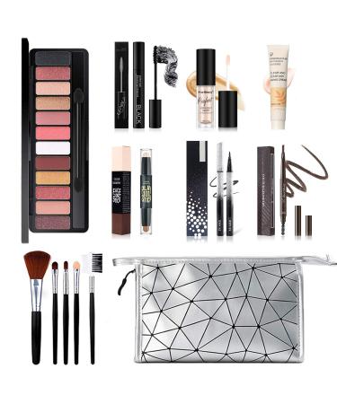 All in One Makeup Kit, 12 Colors Eyeshadow Palette, 5PCS Brush Set, Eyebrow Pencil, Eyeliner & Mascara, Contour Foundation Stick, Makeup Primer and Liquid Highlighter With Cosmetic Bag Makeup Set