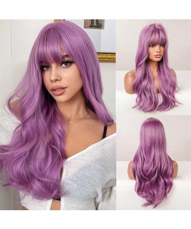 AISI QUEENS Purple Wigs for Women Long Purple Wig with Bangs purple wigs Purple Wavy Wigs Purple Synthetic Heat Resistant Wigs for Halloween Cosplay Daily Party Wig(26 inch)