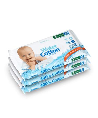 Water Cotton Baby Wipes 100% Cotton Biodegradable Travel 3-Pack Of 20 Wipes Baby Safe Sweet Almond Oil, Panthenol White Aloe Vera 3x20