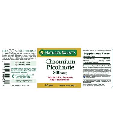 Nature's Bounty Chromium Picolinate 800mcg - 50 Count Pack - No Artificial Flavor - Buy Online on GoSupps.com
