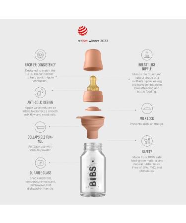 Bibs Baby Glass Bottle 110ml - Colic Reducing Natural Rubber Sucker Supports Breastfeeding - Made in Denmark | Complete Set - Buy Online on GoSupps.com