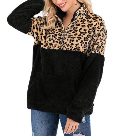 Bigfanshu Womens Sweaters Casual Winter Warm Long Sleeve Stitching Leopard Plush Blouse Top Black - Buy Online on GoSupps.com