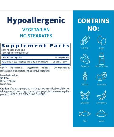 Klaire Labs Magnesium Citrate 150mg - Metabolism Support, Relaxation & Bone Health - Hypoallergenic (90 Capsules) - Buy Online on GoSupps.com