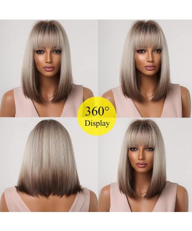 Allbell Brown Blonde Ombre Bob Wig for Women with Bangs | Cosplay Synthetic Wig with Dark Roots and Gray Highlights - Buy Online on GoSupps.com