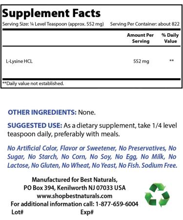 Best Naturals Lysine Powder 1lb - 100% Pure Supplement for Immune Support - Buy Online on GoSupps.com