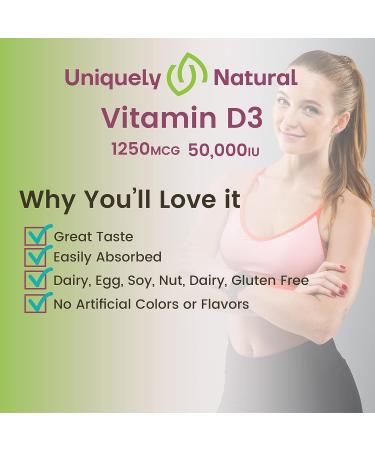 Uniquely Natural Vitamin D3 50 000 IU 125mcg Capsules - 120 Organic Weekly Supplements Non-GMO Gluten Free Pills For Strong Bones Teeth Immune Support - Made in USA - Buy Online on GoSupps.com