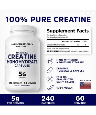 Creatine Monohydrate Capsules 5G | 60 Servings | Vegan | 4 Caps per Serving | Micronized Creatine Pills 5000mg | 240 Capsules | Creatine Pills For Men & Women | 2 Months Supply | Made Without Fillers - Buy Online on GoSupps.com