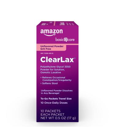 Amazon Basic Care ClearLax, Polyethylene Glycol 3350 Powder for Solution, Osmotic Laxative, 0.5 Ounce each, 10 Count (Pack of 1)