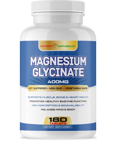 Magnesium Glycinate 400mg 180 Tablets - High Absorption Gentle Formula Non-Laxative - Non GMO Gluten Free
