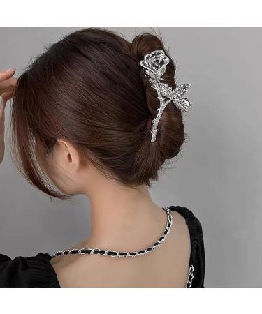 Metal Rose Flower Claw Clip - Non-Slip Large Headdress for Women and Girls - Silver Hair Claw for Thick Hair - Hair Accessories for Styling - Buy Online on GoSupps.com