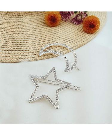 Silver Rhinestone Crystal Geometric Stars Moon Hair Clip Set - Fashion Woman Hollow Side Barrettes Hairpin Accessories - Buy Online on GoSupps.com