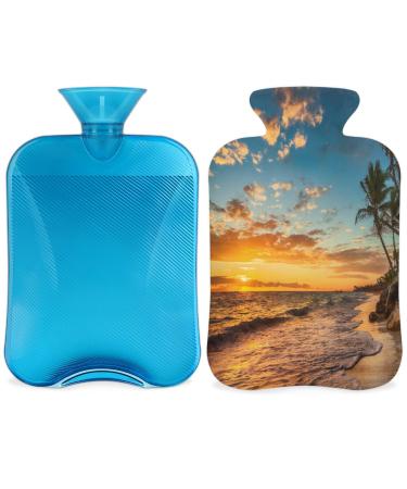 Sunrise Tropical Beach hot water bottle with a fluffy cover 2 l large capacity beach bottle water bag for cozy nights relief from pain back neck and shoulders