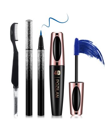 4D Silk Fiber Lash Mascara Waterproof Blue with Eyeliner and Folding Eyelash Comb Brush - Lengthening, Volumizing, Long-Lasting, Natural Eye Makeup